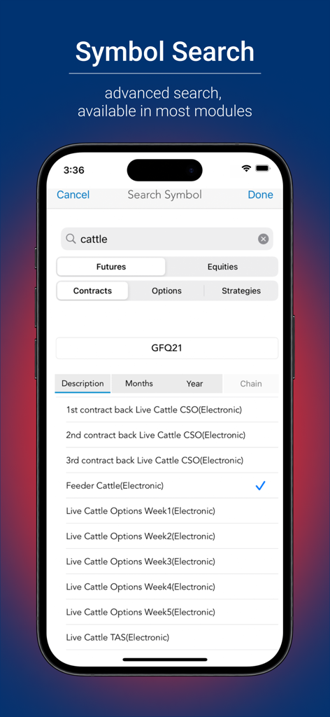 Pantalla de búsqueda de símbolos de la aplicación QST Mobile que muestra contratos de futuros de ganado