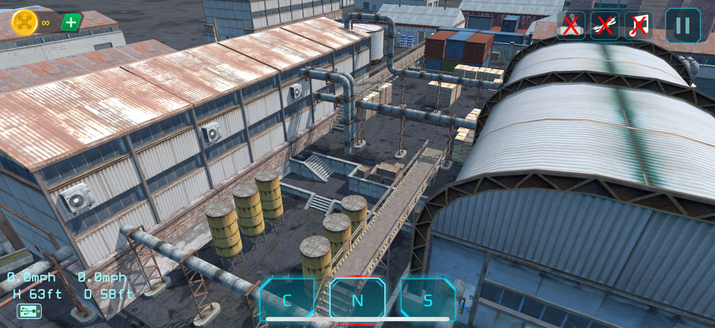 SimuDrone - Drone Simulator - Drone flight simulator interface showing an industrial environment with real-time flight telemetry