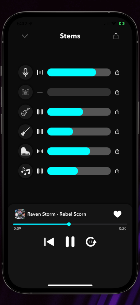 Splitteroo app interface showing isolated audio stems for vocals drums guitar and bass with volume sliders