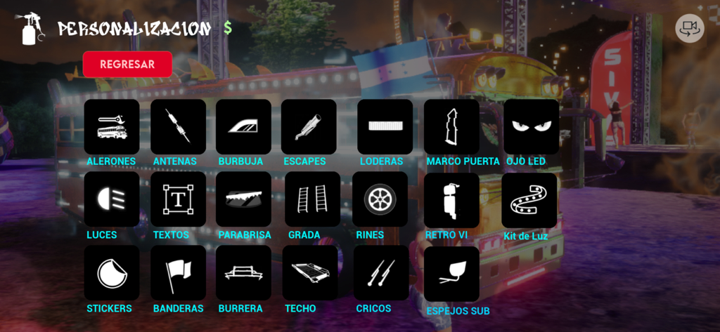 Sivar Race Ultimate - Customization menu in Sivar Race Ultimate showing options for bus stickers, lights, and accessories