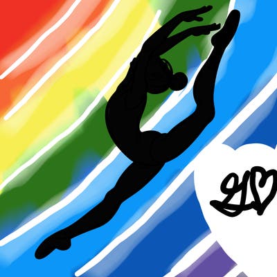 gymnast doing a leap in a leotard with a bent back leg