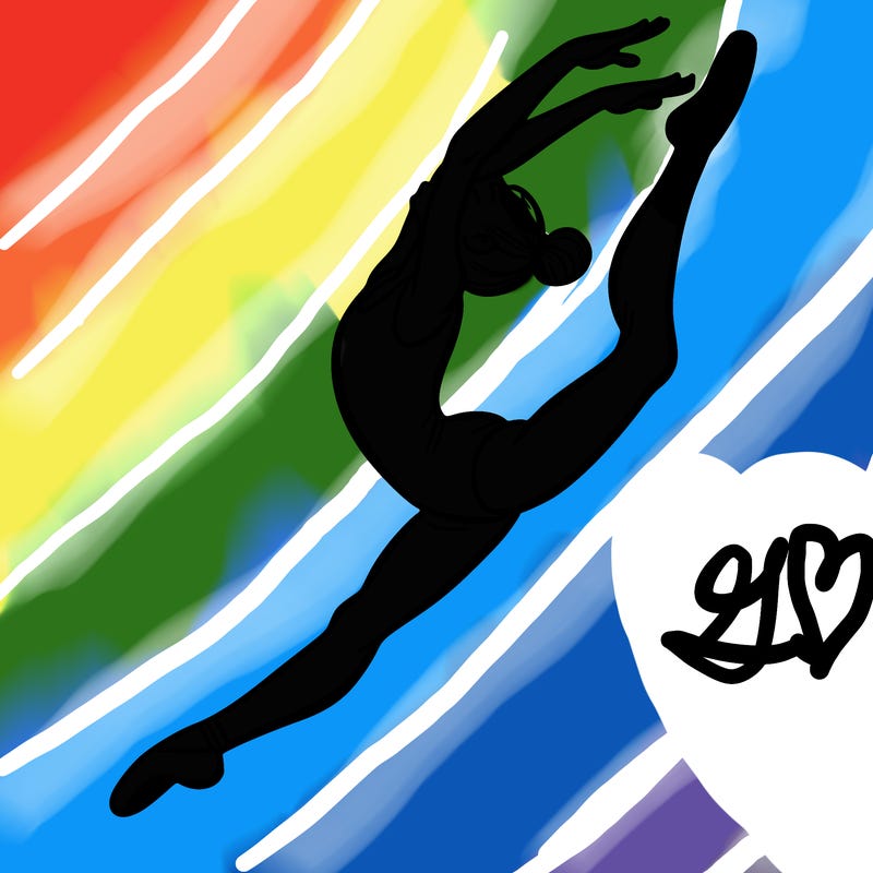 gymnast doing a leap in a leotard with a bent back leg