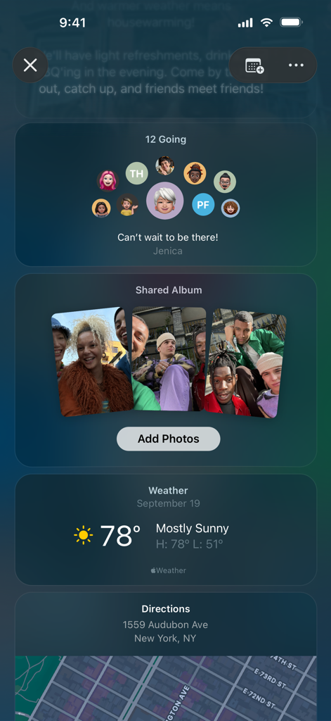 Apple Invites - Apple Invites app interface displaying event rsvps shared album weather and map