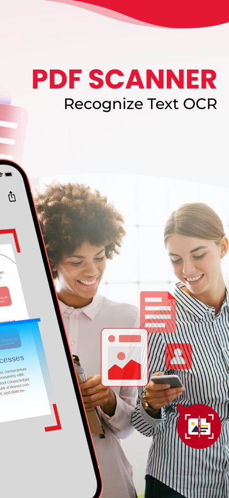 Swift PDF Editor: Scan & Sign - A mobile app screen featuring PDF scanner and OCR text recognition functionality with a modern interface