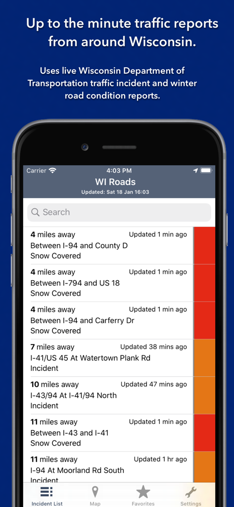 Wisconsin State Roads - Wisconsin State Roads app displaying a list of real-time traffic incidents and snow-covered road conditions.