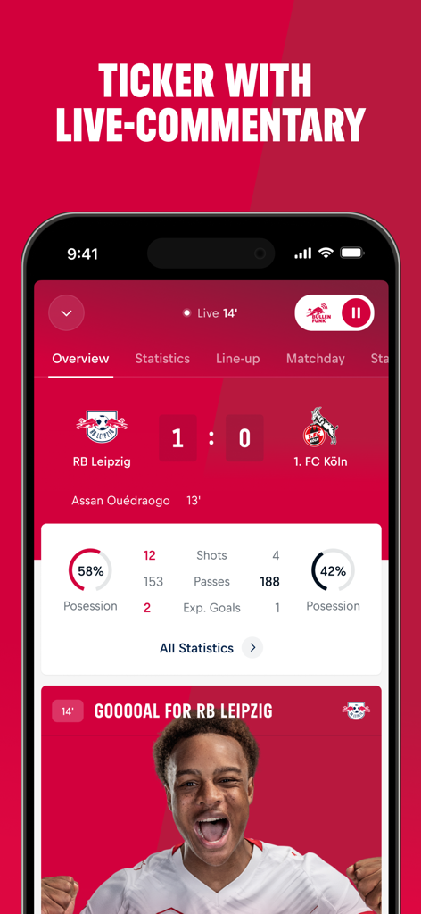 RB Leipzig - App móvil RB Leipzig mostrando un marcador de partido en vivo con estadísticas en tiempo real y actualizaciones de goles