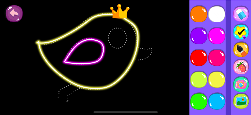 Coloring Games for Kids, Baby. - A neon bird with a crown in a digital drawing and coloring app for kids