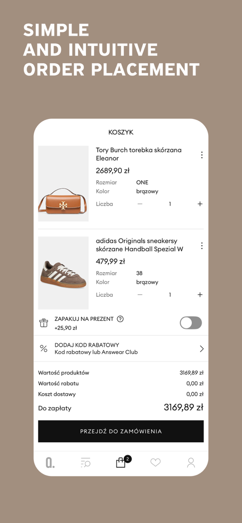 Carrito de compras de la app Answear con marcas de moda premium y un proceso de pago intuitivo