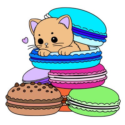 a kitten popping out of a stack of pastel macarons