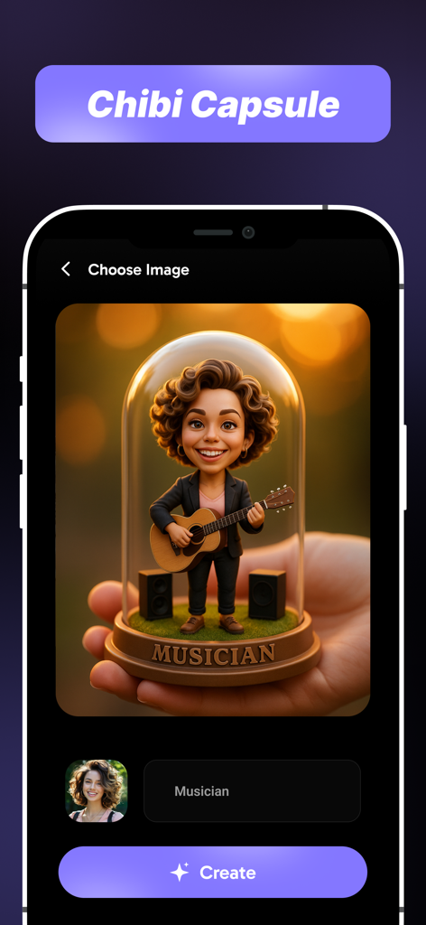 A 3D miniature of a female chibi musician with a guitar inside a glass capsule