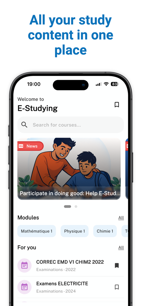 E-Studying – Study in Algeria - E-Studying mobile app home screen showing academic modules, exam resources, and a search bar for courses.