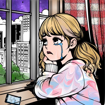 realistic girl crying looking out a window
