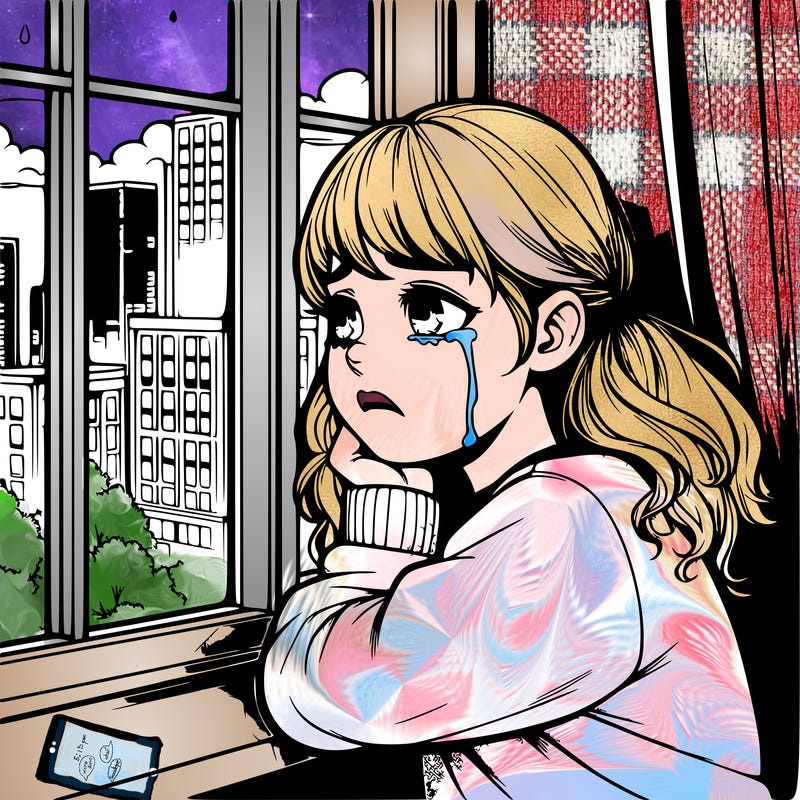 realistic girl crying looking out a window