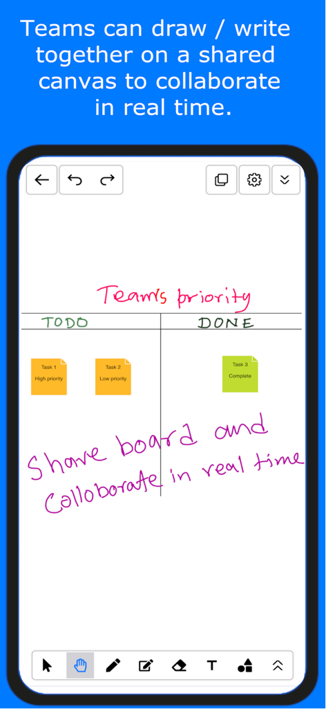 Digital whiteboard interface showing real time team collaboration on a task board with sticky notes
