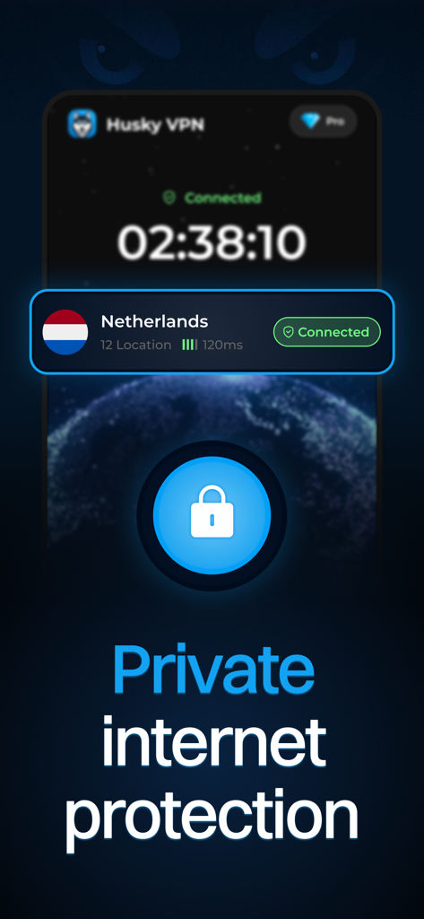 Husky VPN - Go Borderless - Husky VPN app interface showing a secure connection to a server in the Netherlands and private internet protection text