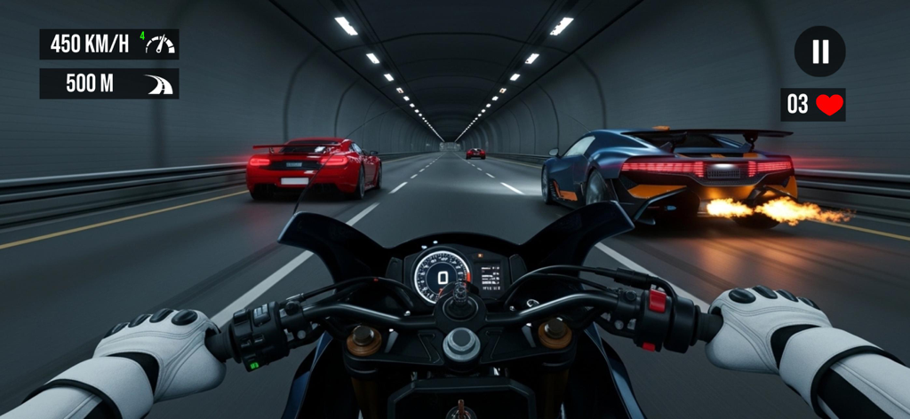 GT Bike Racing Moto Bike Games - First-person view of a high-speed motorcycle racing between cars inside a tunnel