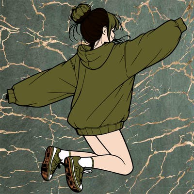 realistic girl jumping with a bun and oversized sweatshirt