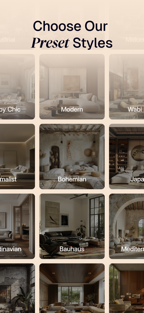 A grid of various preset interior design styles like Modern, Bohemian, and Japandi in the Archi app