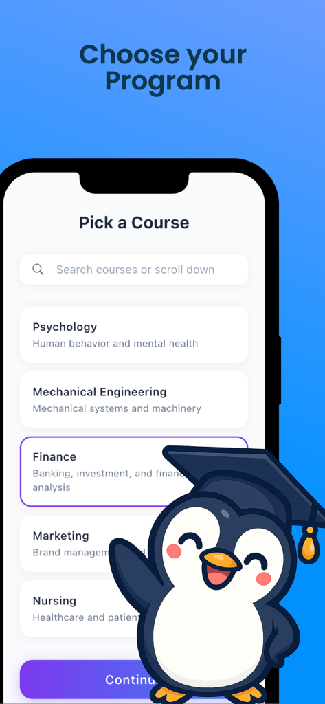 Penguni - Find College - Penguni app interface showing the program selection screen with various academic courses and a penguin mascot wearing a graduation cap