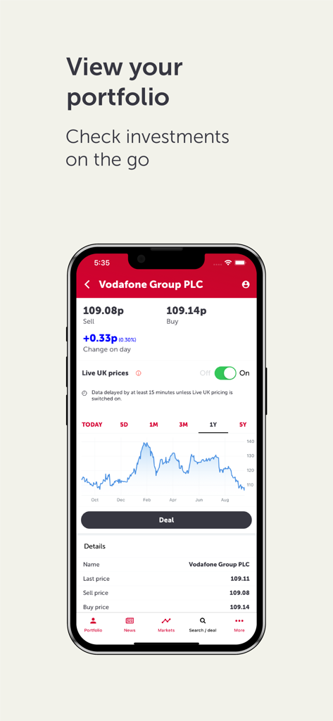 AJ Bell - A smartphone screen displaying the AJ Bell investment app showing a stock price chart and trading details for Vodafone Group PLC