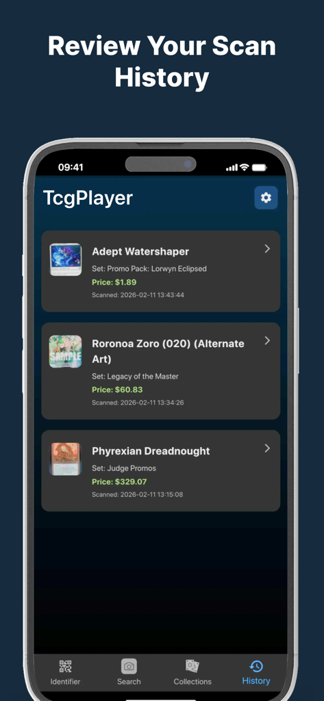 TCG Player: Poke Card Scanner - Mobile app interface displaying a scan history of various trading cards with names prices and set details