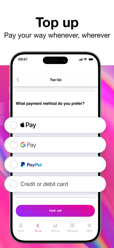 My3 app interface showing mobile top up payment options including Apple Pay and PayPal