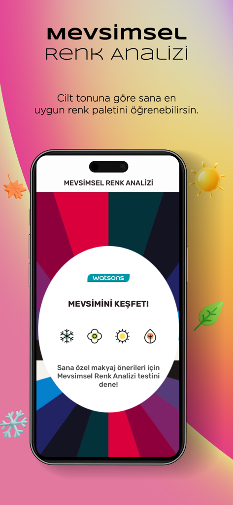 Mobile Ansicht der Watsons-App mit einem saisonalen Farbanalysetool für personalisierte Make-up-Empfehlungen