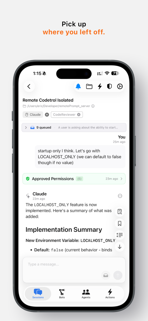 Remote Codetrol - Chat interface of Remote Codetrol app showing an AI coding assistant session with Claude