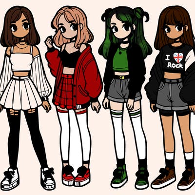 one girl with crop-top shirt and a jacket with a skirt, long socks and another girl with a shirt and pants with a jacket