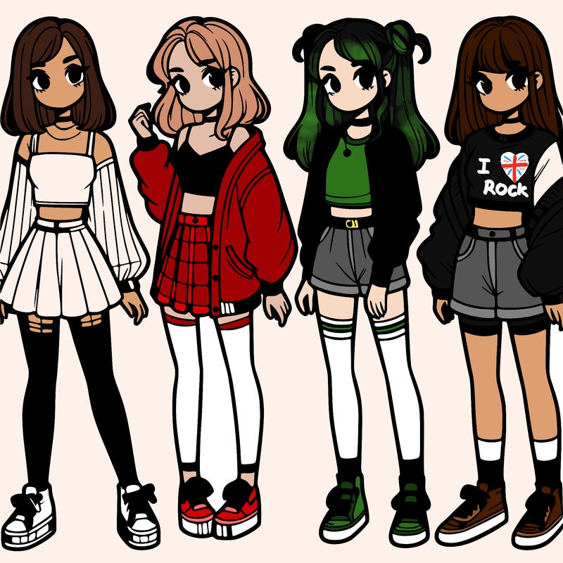 one girl with crop-top shirt and a jacket with a skirt, long socks and another girl with a shirt and pants with a jacket