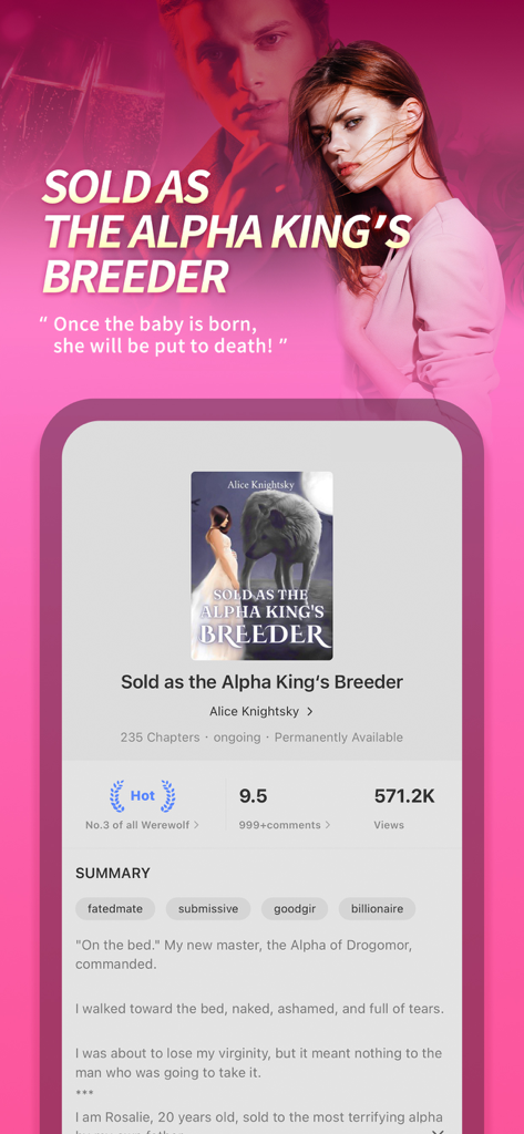 MyNovel-Werewolf,Vampire - MyNovel app screenshot showing the story Sold as the Alpha Kings Breeder