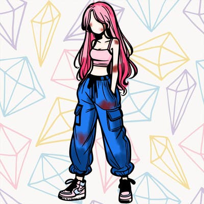 girl in baggy pants crop top and long hair