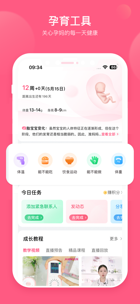 天使医生pro - Angel Doctor Pro app dashboard showing 12-week pregnancy progress, fetal growth metrics, and health tracking tools