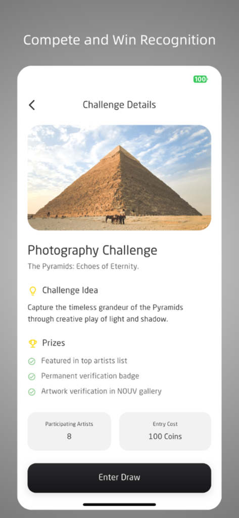 NOUV - Gallery of Masterpieces - NOUV app photography challenge screen featuring the Pyramids with details on prizes and entry requirements.