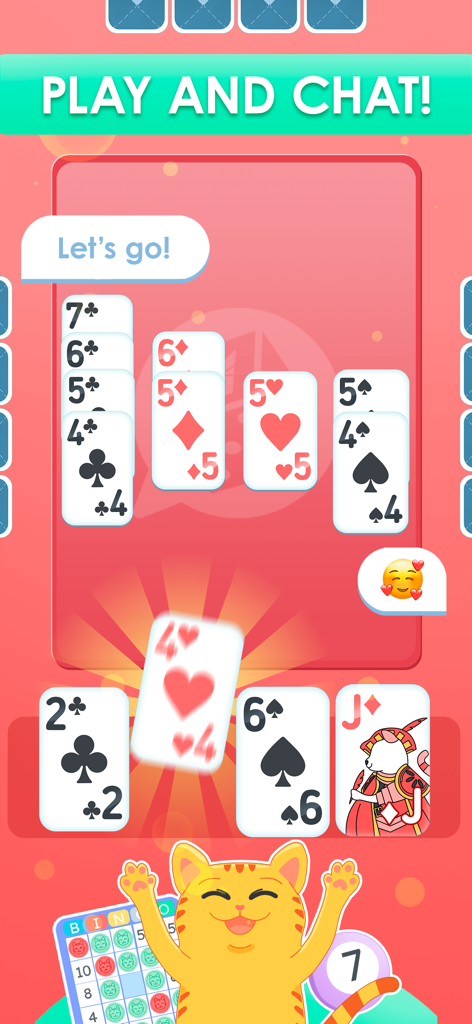 Lua Chat: Bingo, Ludo & Cards - A colorful mobile game screen for Lua Chat showing a card game with integrated social chat.
