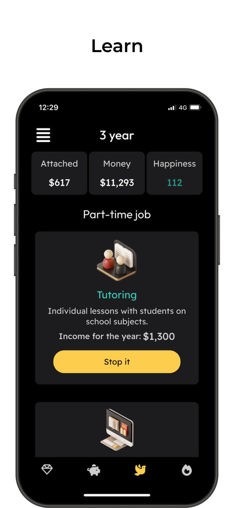CashFlow Game - Interfaccia dell'app mobile del Gioco CashFlow che mostra il reddito da tutoraggio e statistiche del giocatore come denaro e felicità.