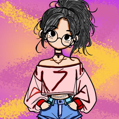 girl with a messy ponytail glasses a baggy crop top and jean shorts