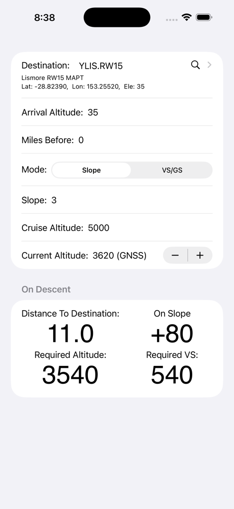 VNAV Guide - Capture d'écran de l'interface de l'application Guide VNAV montrant les données de suivi de déscente de vol en temps réel.