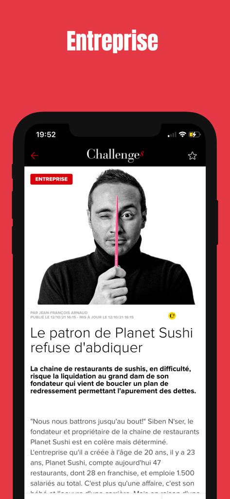 Challenges - A smartphone screen displaying a business news article within the Challenges app Entreprise section.