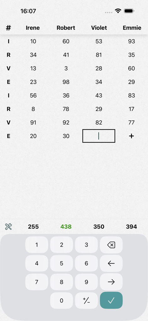 Stack's Score Card - The scoring interface of the Stack's Score Card app showing player names and point totals