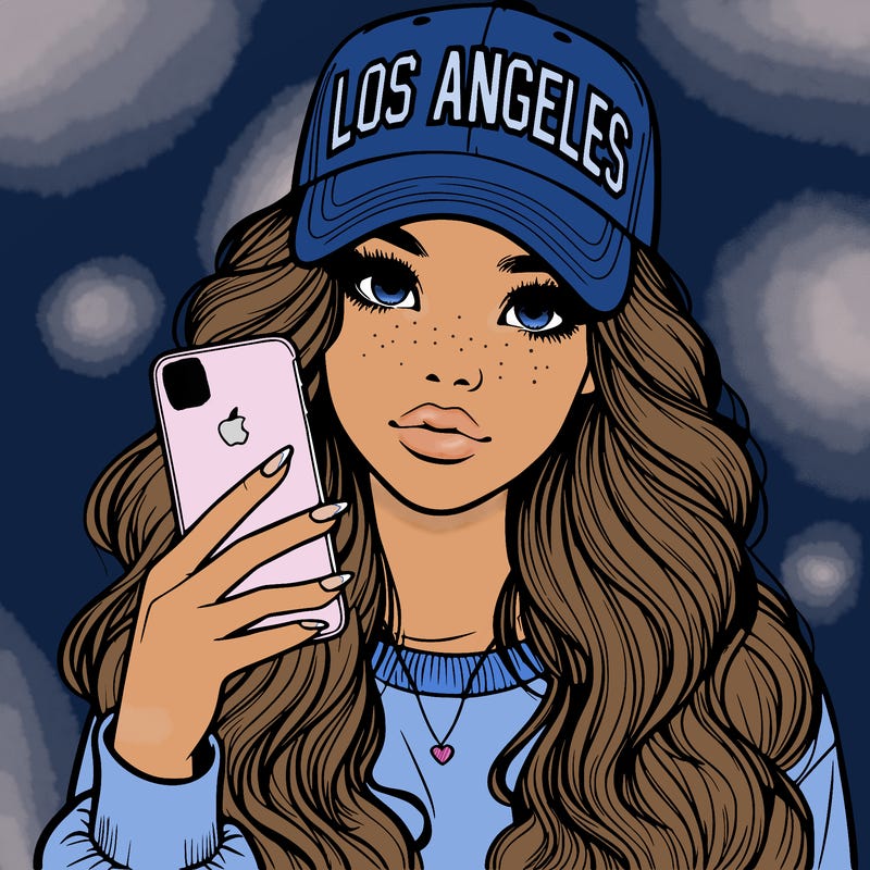 realistic beautiful girl wearing los ángeles cap holding an iphone