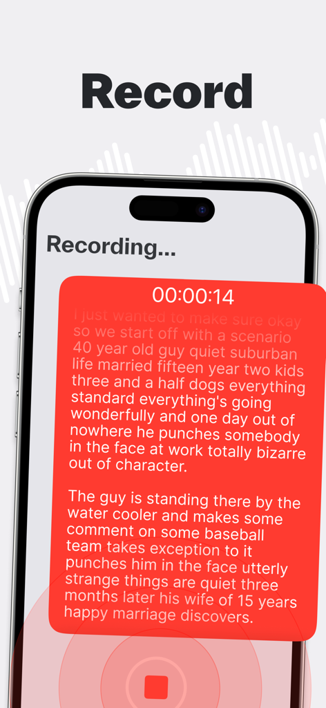 Tela de smartphone mostrando a interface do aplicativo Studley gravando e transcrevendo uma nota de voz em texto em tempo real.