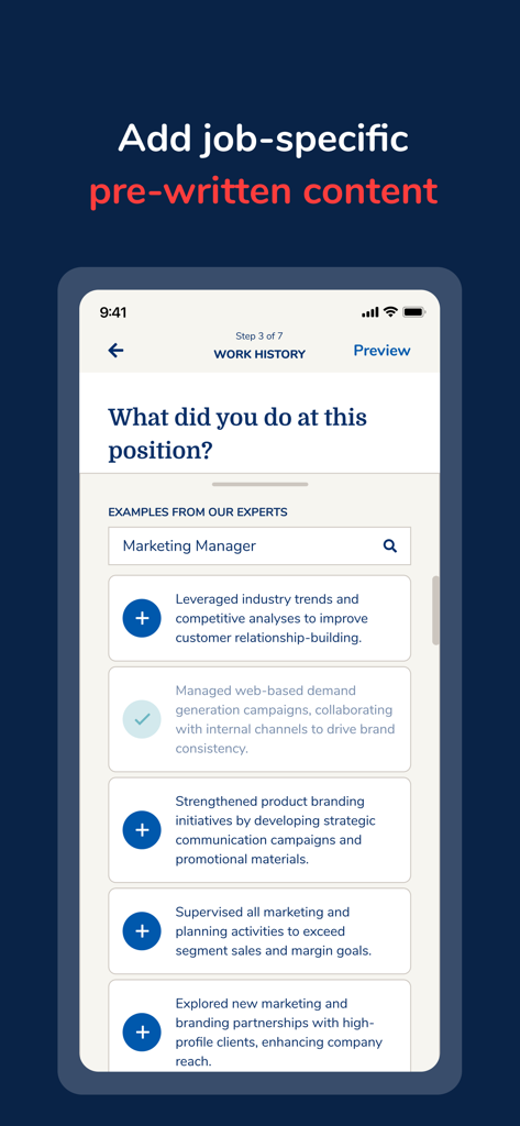 MyPerfectResume Builder - Interfaccia dell'app mobile che mostra punti elenco pre-scritti per la cronologia lavorativa di un curriculum