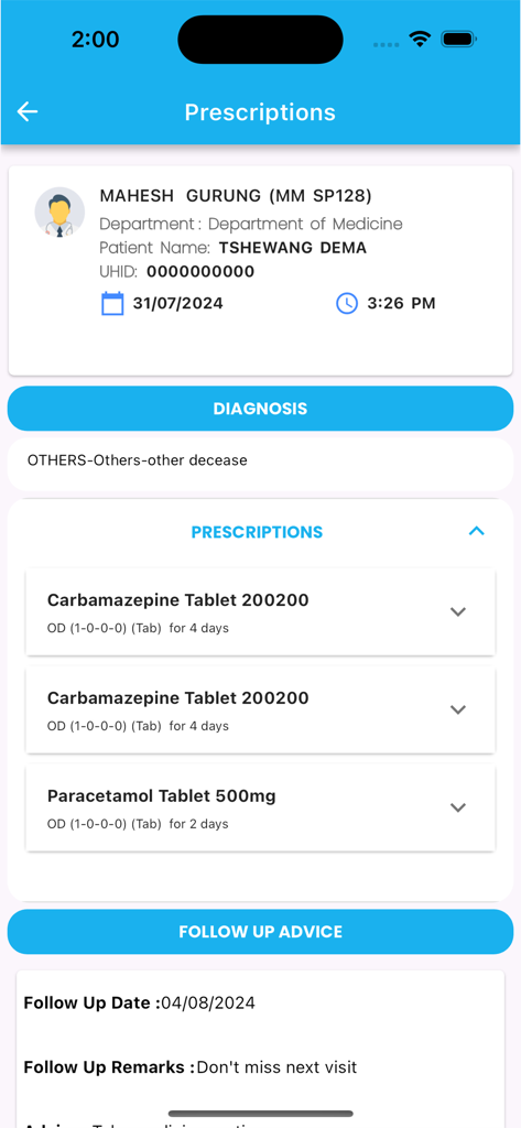 ePIS Patient App - Prescriptions and follow up advice screen in the ePIS Patient App showing medication details and patient information