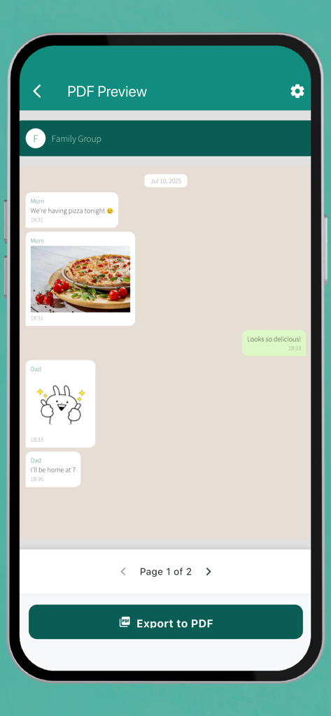 Ein Bildschirm zeigt eine PDF-Vorschau eines WhatsApp-Chatverlaufs mit Nachrichtenblasen und Bildern im WA Chat Export Viewer an