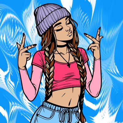 realistic teenage girl with braids and a beanie and crop top doing 🫶🏼