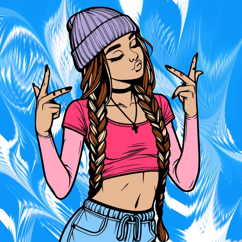 realistic teenage girl with braids and a beanie and crop top doing 🫶🏼