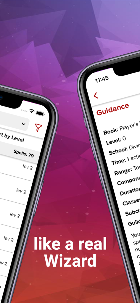 Spells List 5e - Mobile app interface for Spells List 5e showing a D&D spell list and spell details