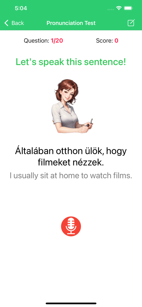 Learn Hungarian Premium - Interfaz de prueba de pronunciación que muestra una oración en húngaro y un ícono de micrófono para practicar la voz