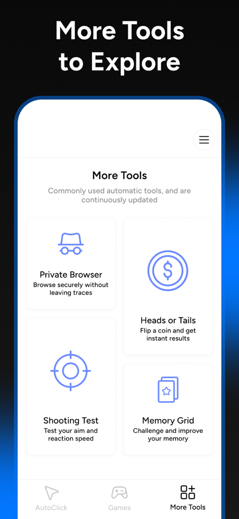 Captura de pantalla del menú Más Herramientas en la App Asistente Auto Tapper que muestra funciones como Navegador Privado y Prueba de Disparo